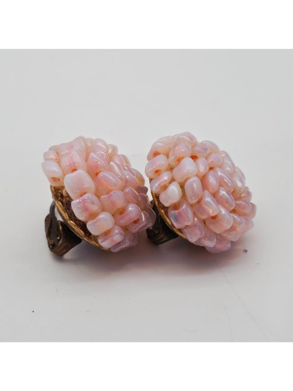 Vintage Pink Glass Bead Clip-On Earrings With Gold-Tone Filigree Base 1" - Picture 4 of 8
